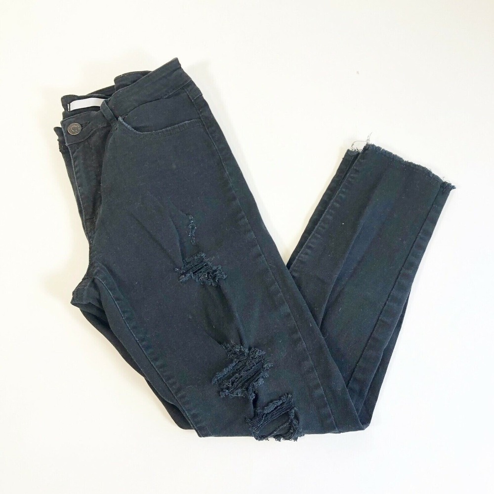 Klique B Distressed Cropped Jeans Womens‎ 27 Black Mid Rise Raw Hem Stretch